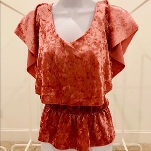 Soft crushed velvet blush top- off shoulder